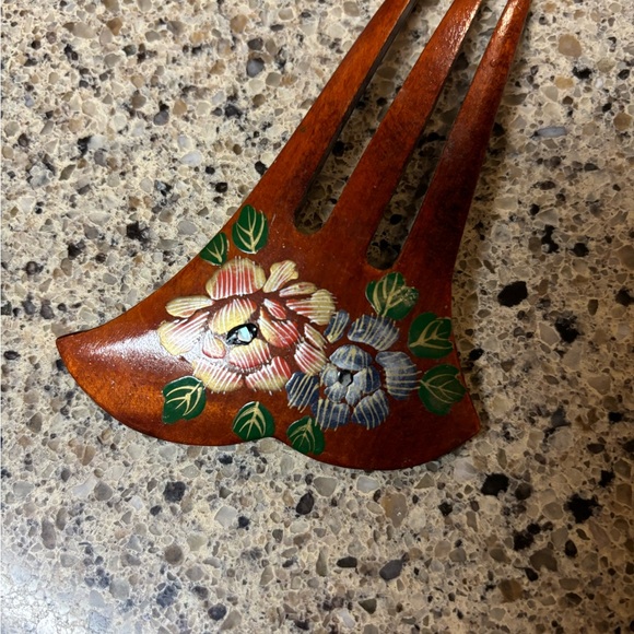 Hand Painted Rose Violet Wood Hair Comb Vintage Accessory Granny Core - Picture 2 of 9